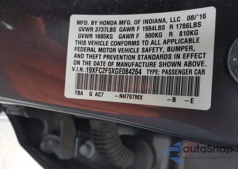 2016 Honda Civic Lx z USA, uszkodzony, nr VIN 19XFC2F5XGE084264